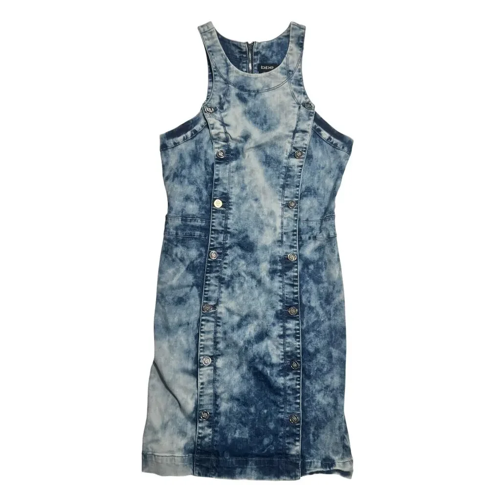 Bebe Denim Bodycon Mini Dress Blue Acid Wash Women’s 8 Y2K 2000s Club McBling - Picture 9 of 16
